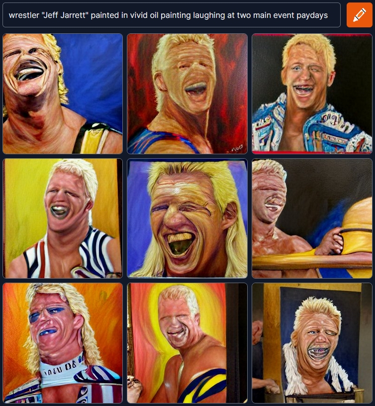 WrestlingAI's tweet photo. wrestler "Jeff Jarrett" painted in vivid oil painting laughing at two main event paydays 

#DALL·E #craiyon #wrestling #AI #draw #modeling #CPUimaging #WrestlingAI https://t.co/jSBdV9y7BS