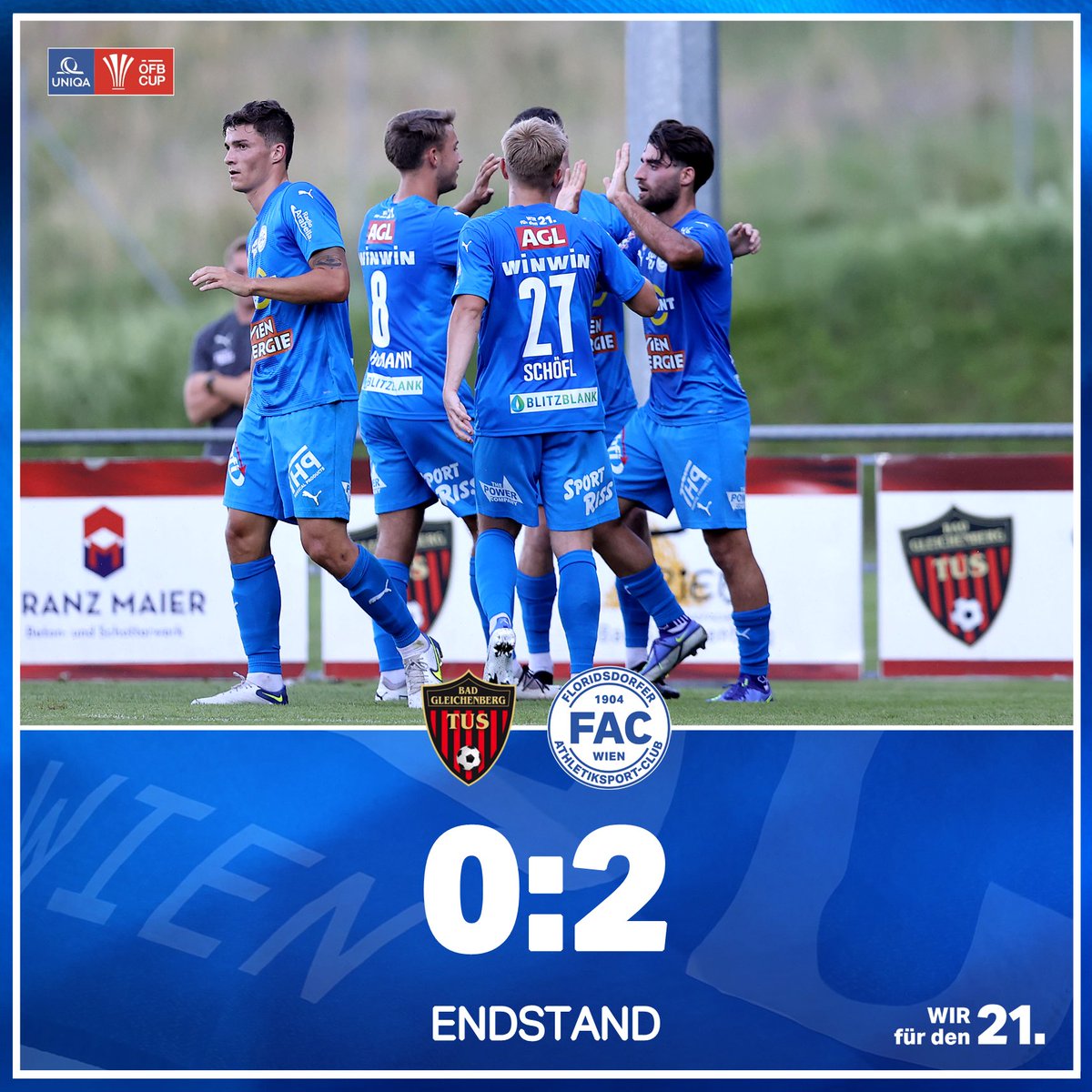 Pflichtaufgabe erfüllt 💪🏼 Wir besiegen die TuS Bad Gleichenberg durch Treffer von Leo #Krasniqi (26.) und den FAC-Premierentreffer von Oluwaseun #Adewumi (81.) mit 2:0 und ziehen in die 2. Runde des UNIQA ÖFB Cup ein 👏🏻🔵⚪️

#Wirfürden21