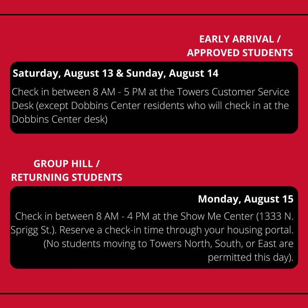SEMO_ResLife's tweet photo. Move-In Series! 

Do you know your Move-In date and where to check in when you arrive?  
Check out the link below for more information on move-in. 

https://t.co/7R23eKpGUE

#Back2SEMO #semo #redhawks https://t.co/HQTiD6yTCY