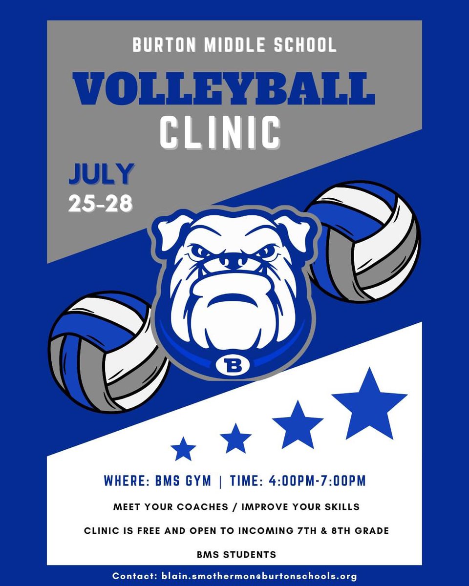 BMS Volleyball clinic - free for all - starts on Monday #BMSistheBEST <a href="/BurtonSchools/">Burton Schools</a>