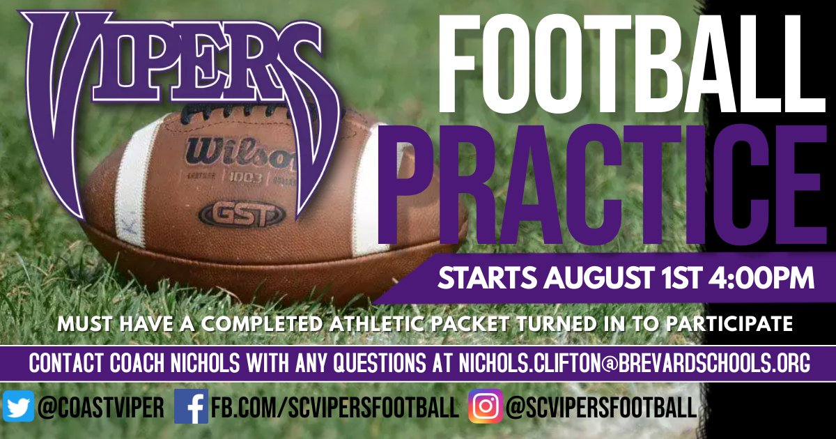 CoastViper's tweet photo. Football is right around the corner. Make sure you’ve got your athletic packet turned in to the AD. Mr. Slentz’s email is: Slentz.Steve@brevardschools.org
Link to website and athletic packet: https://t.co/TA3LM80yJ2  http:Slentz.Steve@brevardschools.org https://t.co/MKcaXKeicp