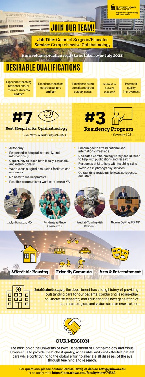 We are looking for a cataract surgery educator to join <a href="/jaci_marie/">Jaclyn Haugsdal</a> and me <a href="/uiowaeye/">UIowa Eye</a>.  We have great patients, great facilities, great colleagues and all we need is you.  Iowa City is a wonderful easy to manage big 10 town.  Please DM me if you are interested.  Tom o