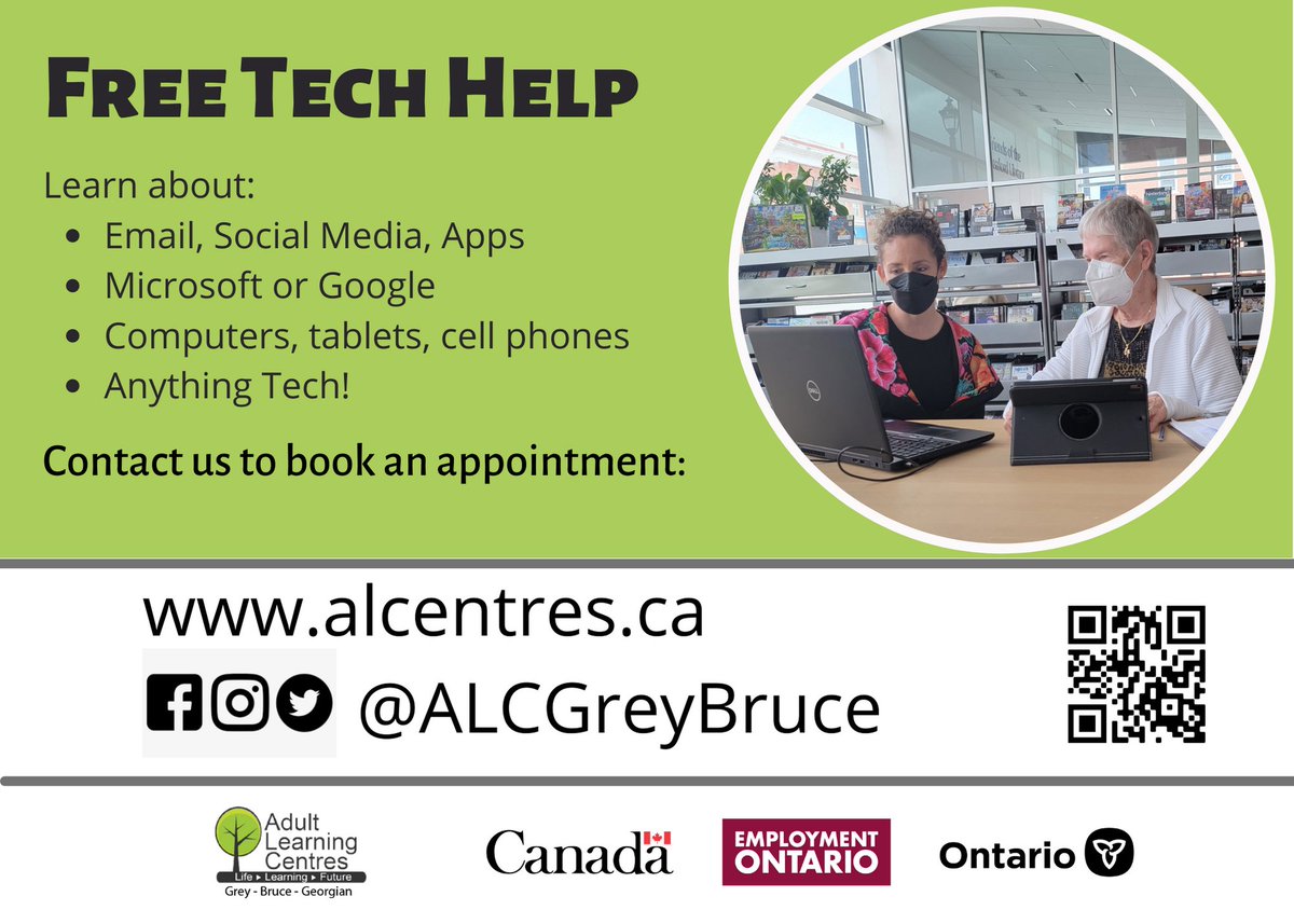 The Adult Learning Centres offer FREE Tech Help! 
1-1 in person or virtual appointments are available.  
We have locations all across Grey/Bruce and can also meet at any local library. For more information and to register please fill out this form:
forms.gle/omskh5YcrtP9b4…
