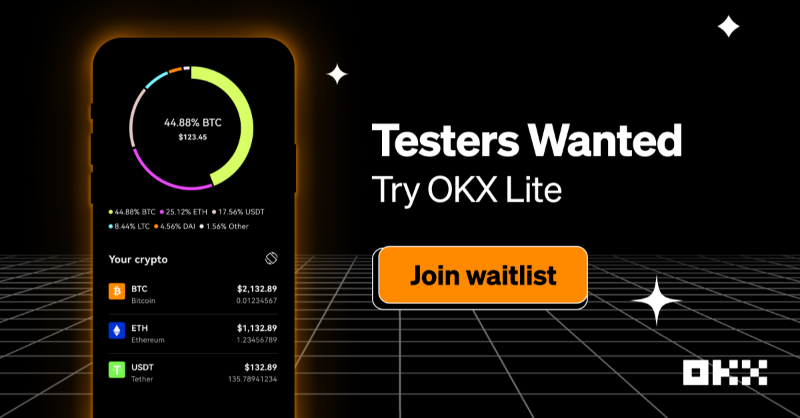 okx's tweet photo. 📢 Testers wanted:

Be the first to try out the all-new #crypto experience!

✅ Buy, Sell, Trade, Earn and Send will become simpler, easier, and faster. 

Last but not least, it will be lighter than ever 😉.

Join the #OKXLite waitlist now for a chance to win swag &amp; rewards ⤵️