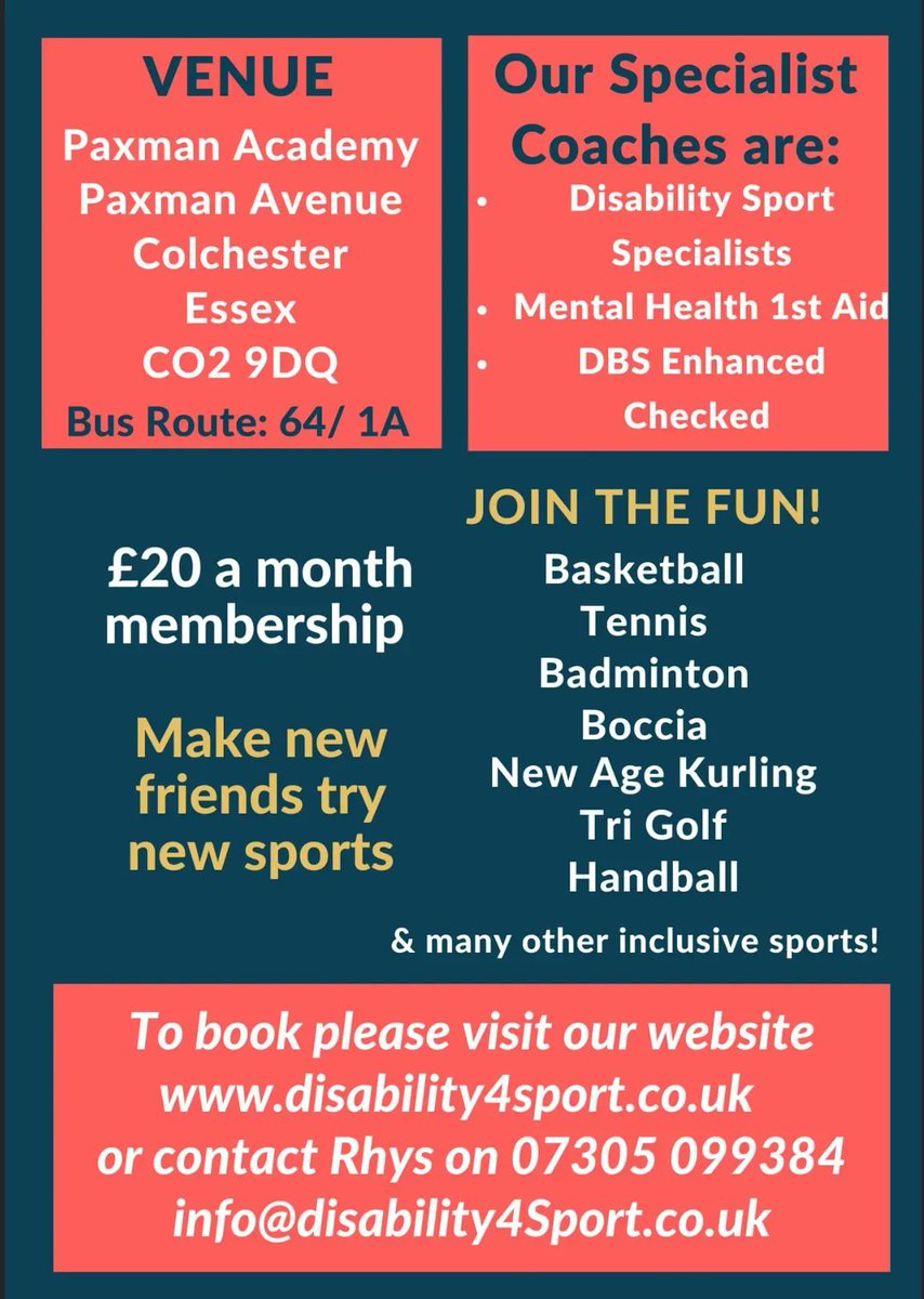 To sign up to our youth or adult Wednesday evening’s Multi-sports sessions please visit disability4sport.co.uk