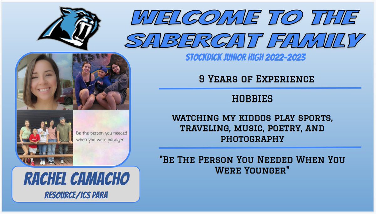 Our Sabercat Staff is growing for 22-23.  Please welcome one of our newest RES/ICS Paras! <a href="/Rachel_Camacho5/">Rachel</a>