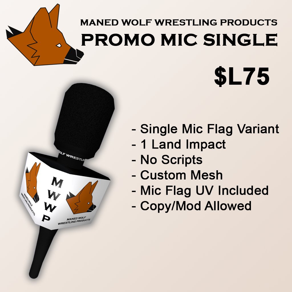 NOW AVAILABLE: MWWP Promo Mic Single - A reduced-cost version of the Promo Mic! $L75! This version includes a single mic as opposed to 6 variants. Find it at the MWWP Mane Store! maps.secondlife.com/secondlife/Foy…