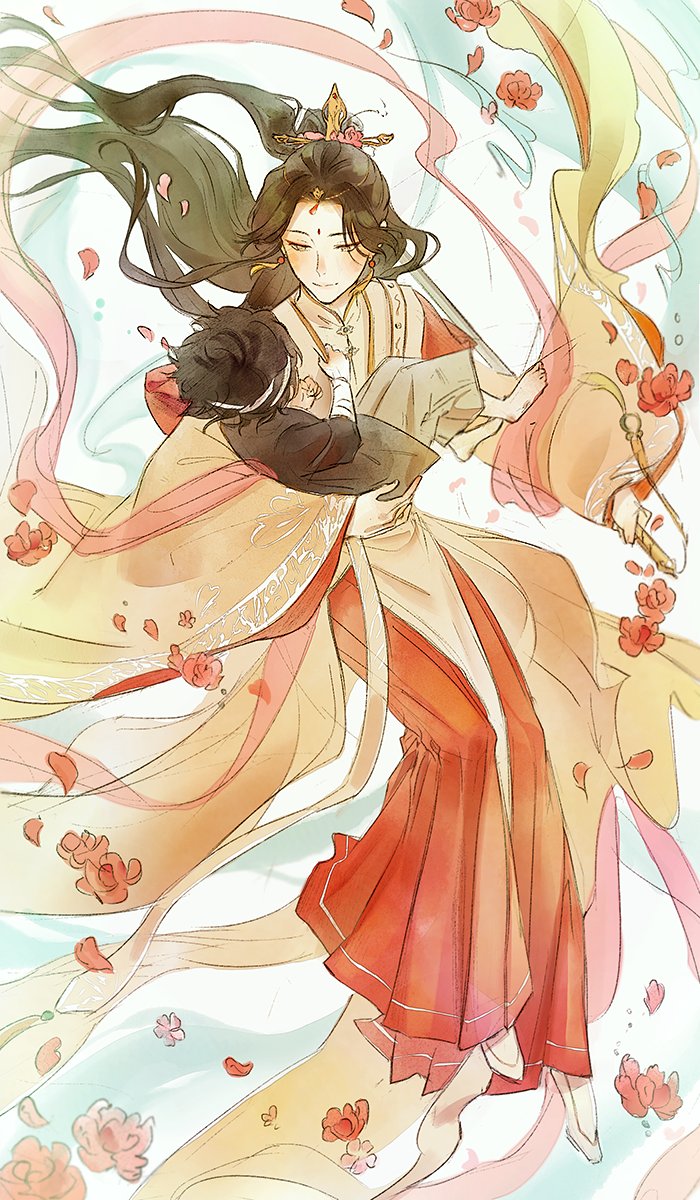 A sword in one hand, a flower in the other