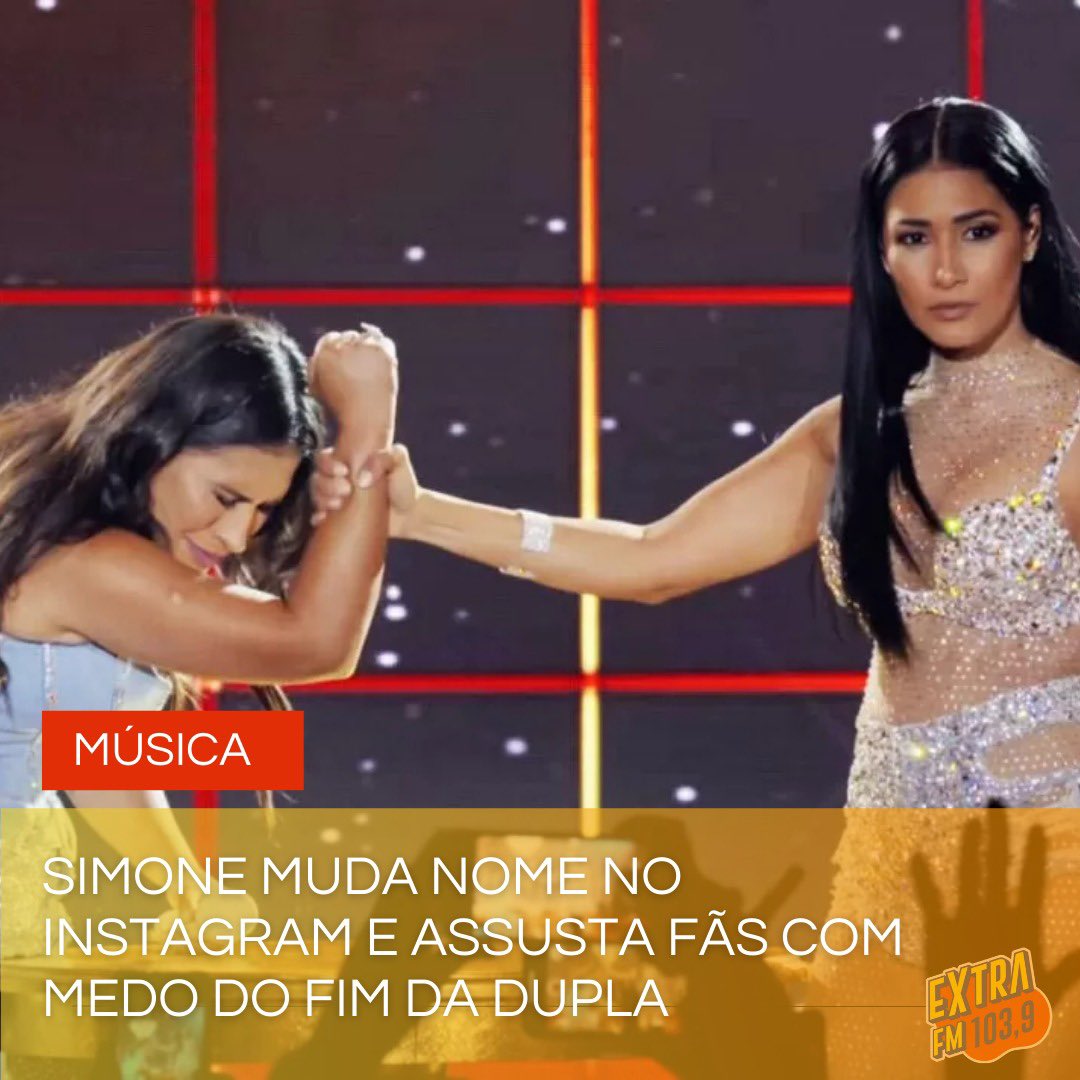 extrafm's tweet photo. A relação entre Simone e Simaria está estremecida e os fãs falam até em separação da dupla. 

Hoje Simone fez a mudança em seu @ e passa a ser intitulada por Simone Mendes, sem a sigla da dupla (SeS)

Será que já é a nova era para as artistas? https://t.co/3LZtKOpb4d