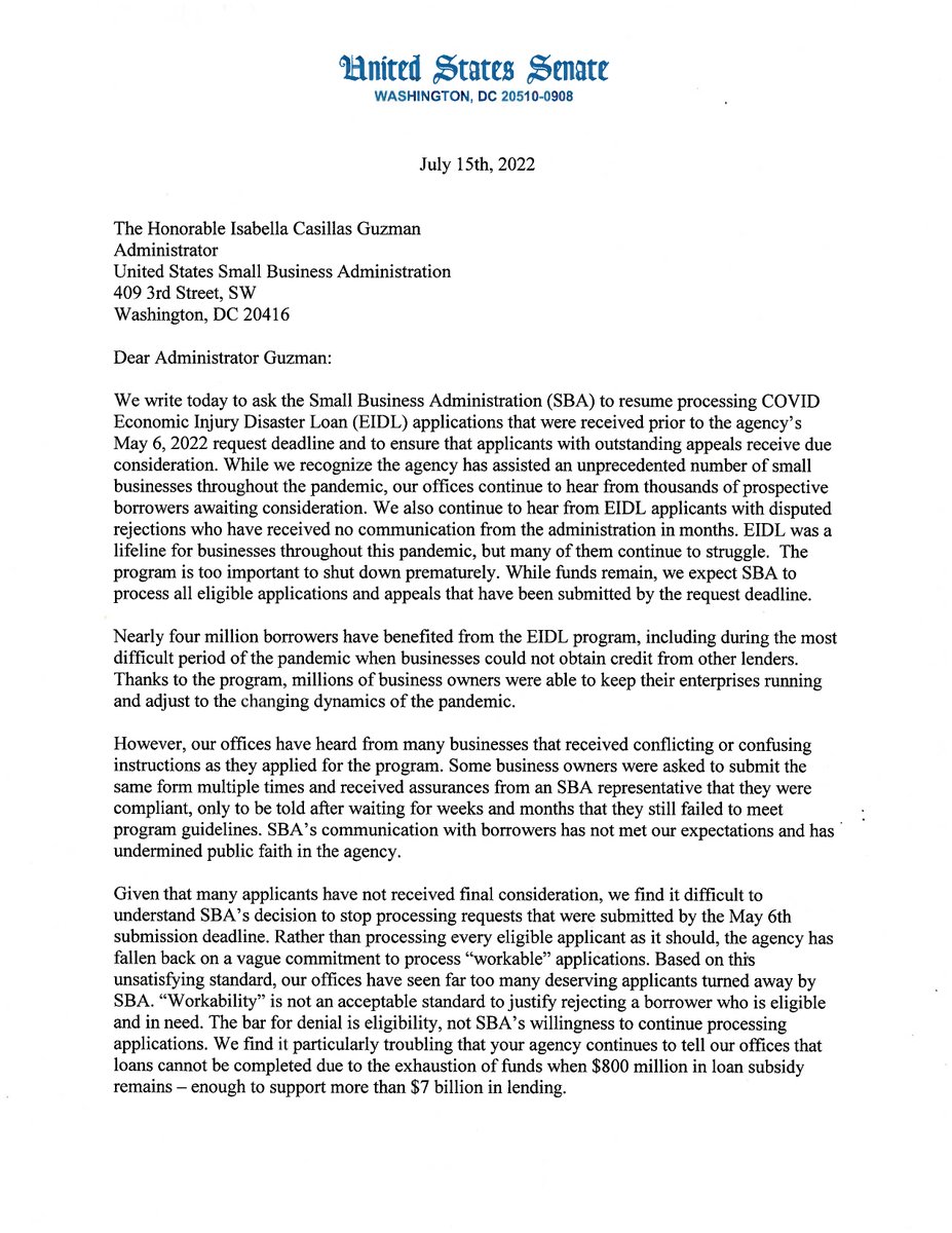 Sen_JoeManchin's tweet image. Given that many applicants have not received final consideration, we find it difficult to understand SBA's decision to stop processing requests that were submitted by the May 6th submission deadline. Read our full letter to @SBAgov Administrator @SBAIsabel: