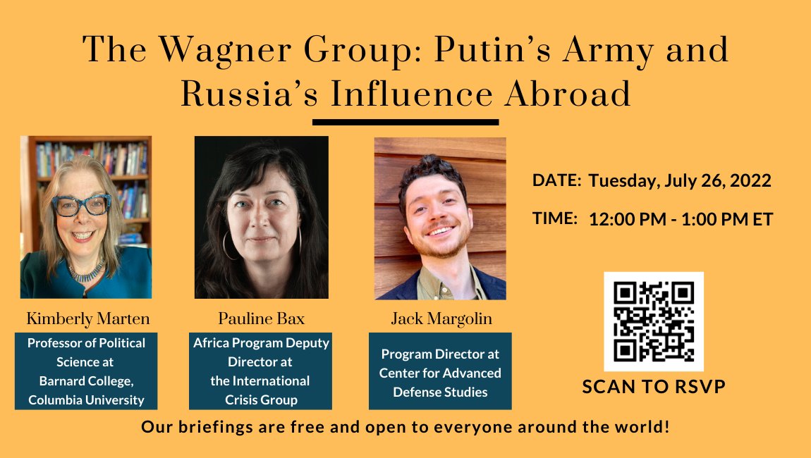 Join us on Tuesday, July 26th by RSVPing here:
bit.ly/3PxoaiM
to learn about the Wagner group and private military companies with @Kimberlymarten (@columbia), @paulinebax1 (@crisisgroup), and @jack_mrgln (@c4ads)!
#Network2020 #Russia #Wagnergroup #Briefingseries