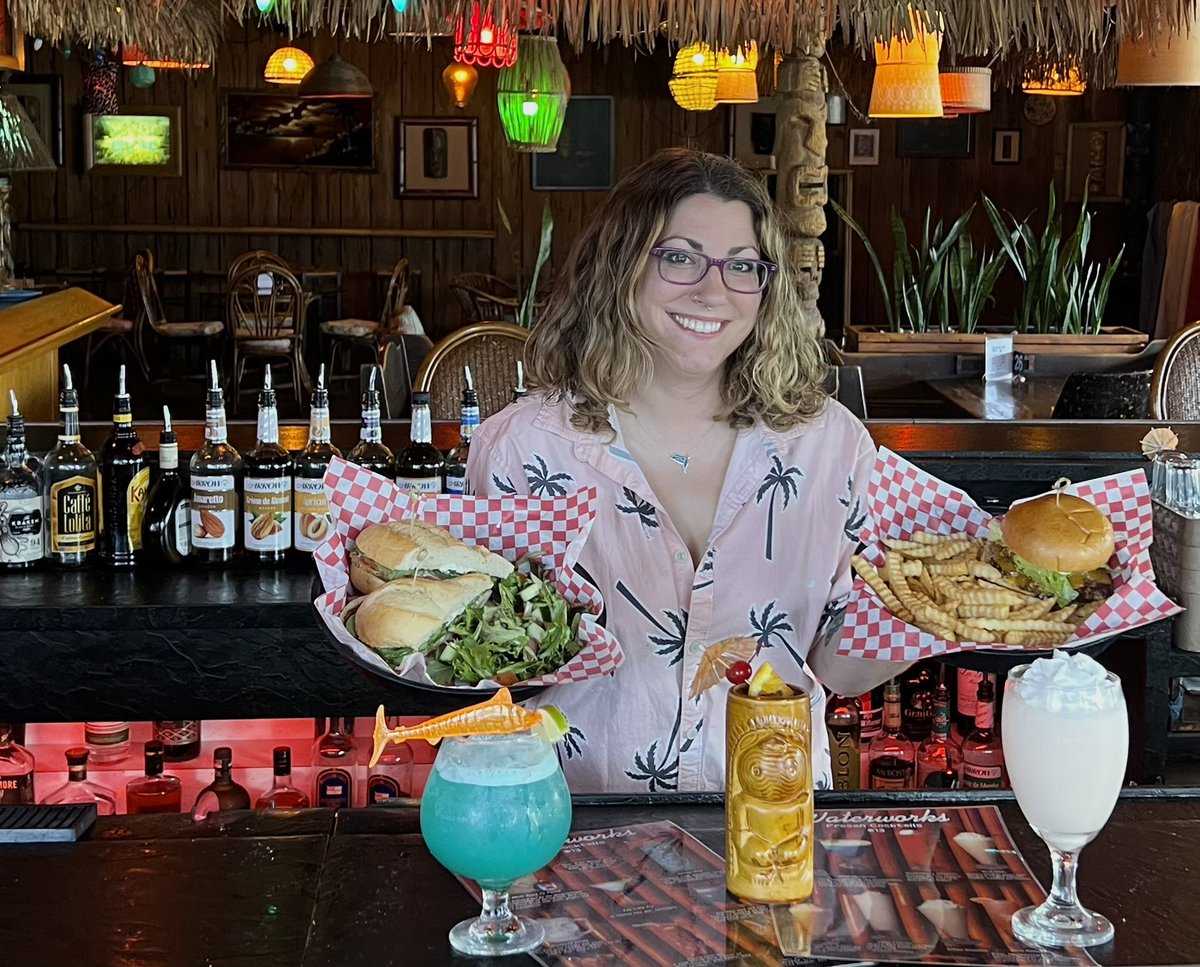WaterworksTal's tweet photo. TIKI TUESDAY! All day special w/ $5 off our Tiki/Frozen drink menu and all Burger Plates and Capri w/side are $10 Wed. Open Jazz Session 8-11pm w/numerous musicians. Thur. Fried Chicken Dinner Day. Daily Tiki Hour 5-7pm $4 off Tiki/Frozen drink menu Open 5pm Tues-Sat for all ages https://t.co/j2R3H9CHwl
