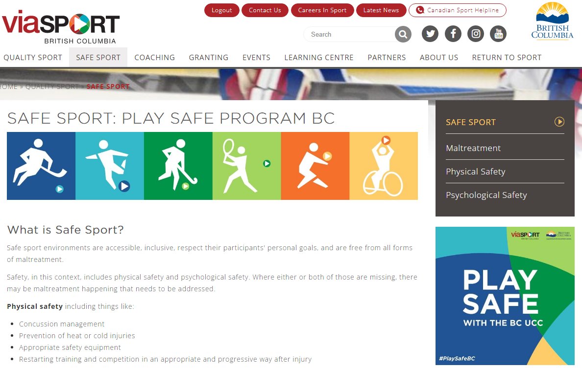 We have made some exciting updates to our website's safe sport section! Learn more about maltreatment, physical and psychological safety and access tools to further your understanding of what #PlaySafeBC means for you and your organization. ⬇️

viasport.ca/safe-sport