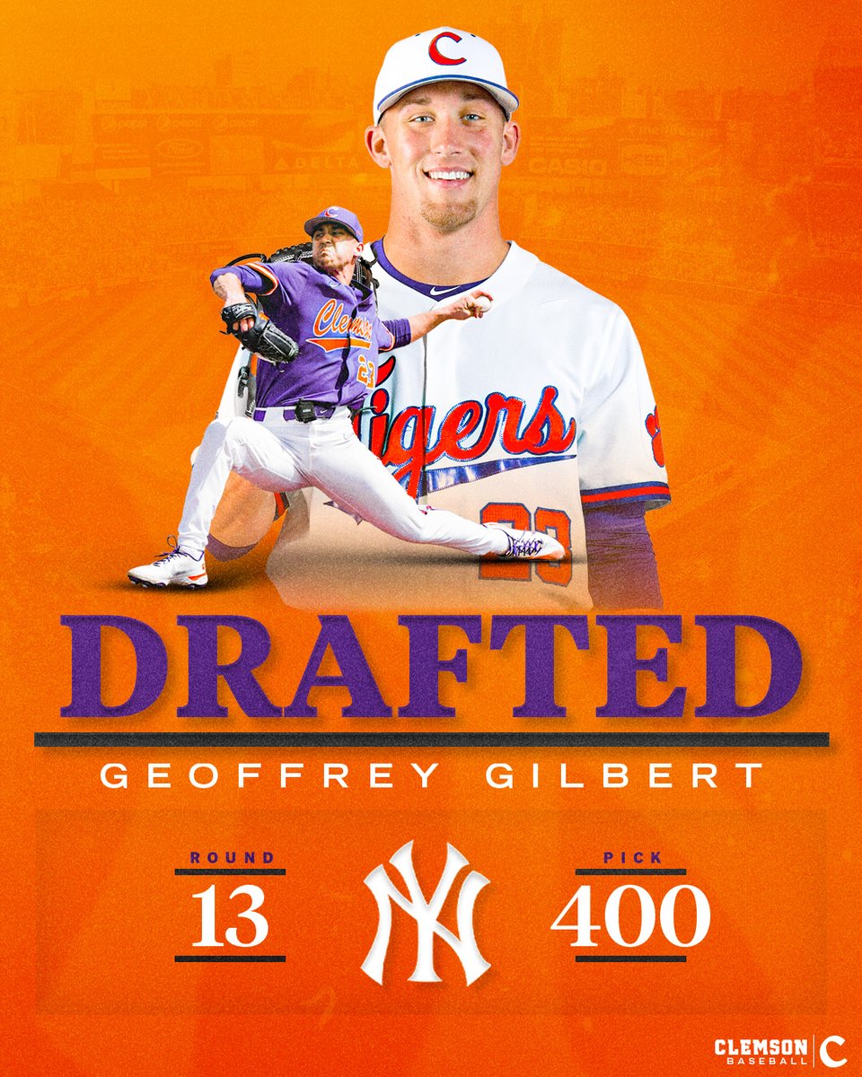 Clemson Baseball (@clemsonbaseball) on Twitter photo Congrats, <a href="/gegilbert19/">Geoffrey Gilbert</a>❗️ 👏 ⚾️
The sophomore LHP was drafted in the 13th round (No. 400 overall) by <a href="/Yankees/">New York Yankees</a>❗️
#ClemsonFamily 🐾 🐅
#MLBDraft <a href="/MLB/">MLB</a> Congrats, <a href="/gegilbert19/">Geoffrey Gilbert</a>❗️ 👏 ⚾️
The sophomore LHP was drafted in the 13th round (No. 400 overall) by <a href="/Yankees/">New York Yankees</a>❗️
#ClemsonFamily 🐾 🐅
#MLBDraft <a href="/MLB/">MLB</a>