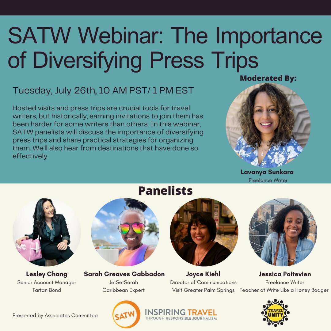 Travel Unity (@travelunity) on Twitter photo The Society of American Travel Writers is having a webinar on July 26th about the importance of diversifying press trips with @Nature_Traveler <a href="/LesleyChang/">Lesley Chang</a> <a href="/JetSetSarah/">JetSetSarah®️✈️🌞</a> <a href="/joycekiehl/">Joyce Kiehl</a> and <a href="/shedreamstravel/">Jessica Poitevien</a>! Check it out here - portal.satw.org/integratedEven… The Society of American Travel Writers is having a webinar on July 26th about the importance of diversifying press trips with @Nature_Traveler <a href="/LesleyChang/">Lesley Chang</a> <a href="/JetSetSarah/">JetSetSarah®️✈️🌞</a> <a href="/joycekiehl/">Joyce Kiehl</a> and <a href="/shedreamstravel/">Jessica Poitevien</a>! Check it out here - portal.satw.org/integratedEven…