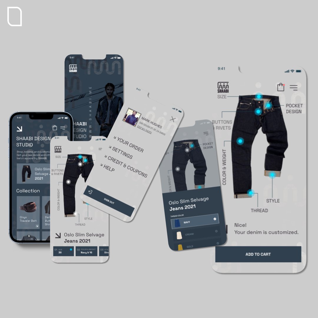 LimeTech-made. UI and front-end dev for SHAABI, a mobile app for custom denim. limetech.co/portfolio/shaa…

#limetech #mobileappdesign #uiux #appdevcompany #mobileapp #startups  #iosapp #ecommerce #retailapp #denim #appdesign #selvagedenim #shaabidenim #menswear #fashion