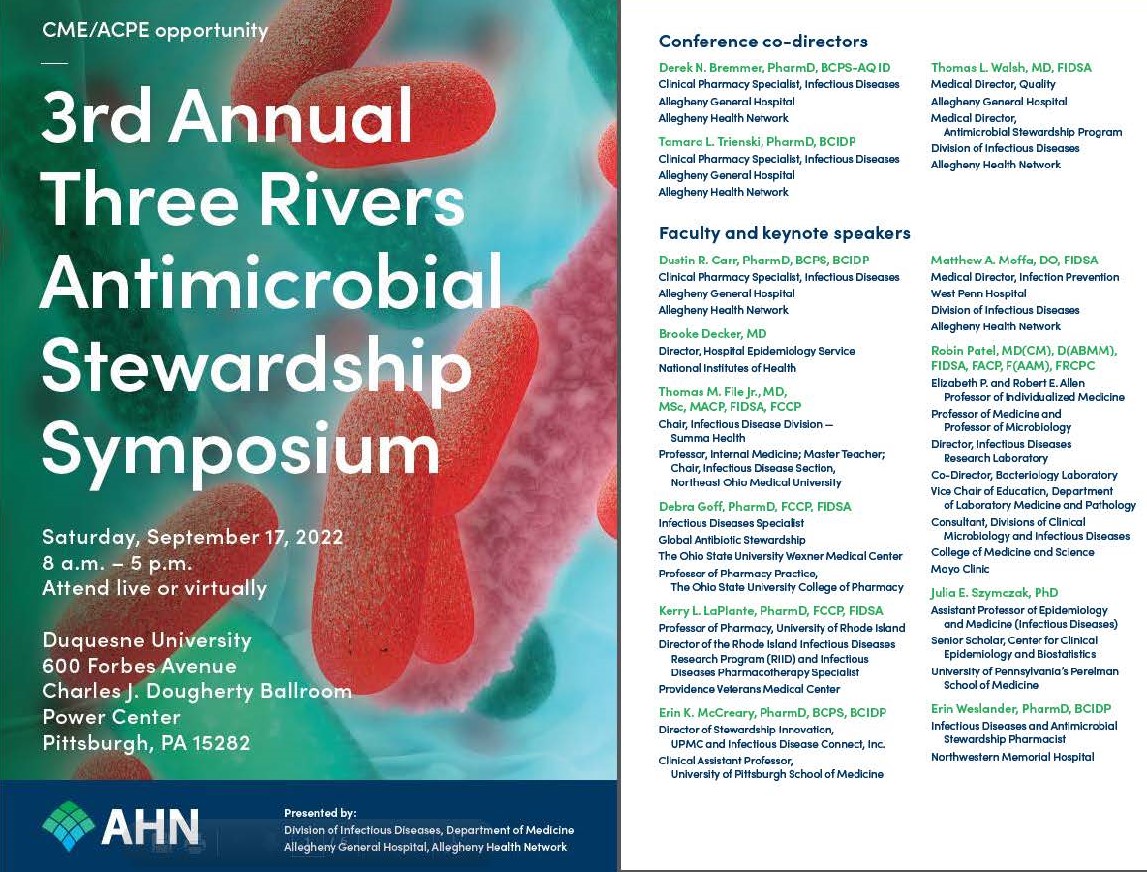 Register today for the Three Rivers Antimicrobial Stewardship Symposium. #ThreeRiversASP2022

Now offering virtual and in person attendance.  Register at: cme.ahn.org