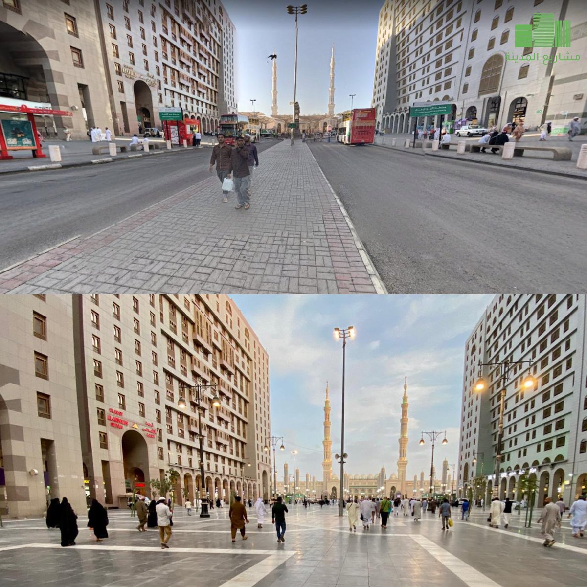 📸| قبل وبعد من #المدينة_المنورة 

إحدى الساحات الجديدة التي تم تنفيذها مؤخراً في المنطقة المركزية المحيطة بالمسجد النبوي الشريف لتسهيل تنقل المصليين