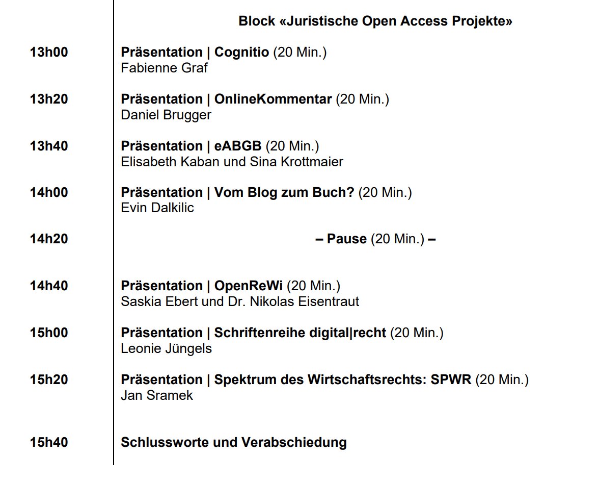 Seit Kurzem sind Programm und Anmeldemöglichkeit für die vierte Tagung zu Open Access in der Rechtswissenschaft (am 21. und 22. September 2022 in Bern; direkt im Anschluss an die <a href="/OATage/">@OATage@openbiblio.social</a>) online: juroa.de #jurOA