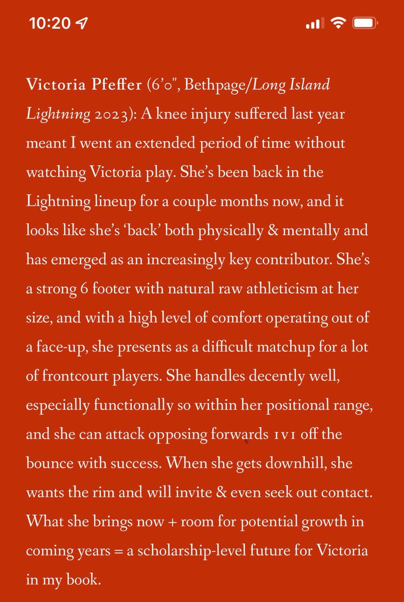 Great write up on my 4/5 <a href="/Vpfeffer2023/">Victoria Pfeffer</a> . This kid is a major steal at the D2 level. People didn’t believe me about Duer(NY Tech) and Fressle(Southern Conn) . Look how that turned out. This kid is that type of sleeper. Just sayin