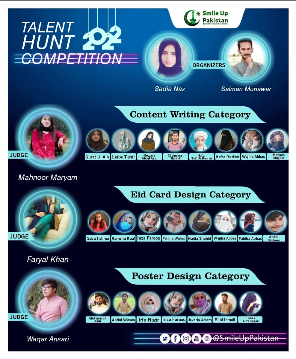 SmileUpPakistan's tweet photo. 🎉🎉WINNERS OF TALENT HUNT COMPETITION 2022 WILL ANNOUNCED Today AT 3PM InshaALLAH🎊

🎇Stay connected with us to know the winners of this amazing competition

https://t.co/fdOQoyDzNa

Fill membership form for becoming a part of SUP 💚🇵🇰 https://t.co/3vPQDt0XcC