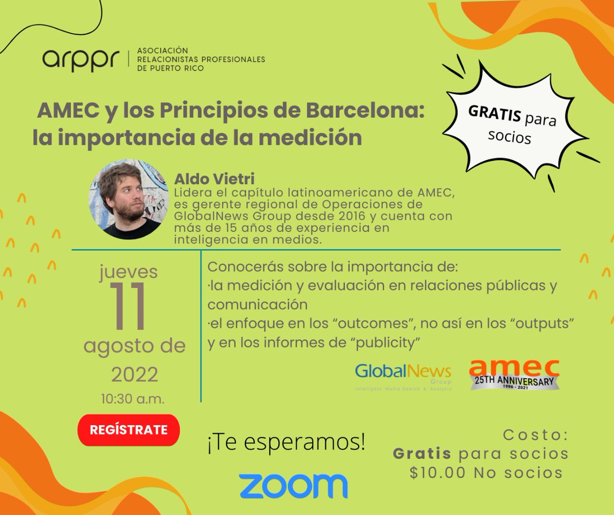 🎯Gracias @ARPPR por la invitación a nuestro chairman <a href="/aldovietri/">Aldo Vietri</a> a la charla "AMEC y los Principios de Barcelona: la importancia de la medición", el próximo jueves 11 de agosto.

#MesurementPR #MediaAnalysis #mediainsights #Eventos <a href="/AmecOrg/">AmecOrg</a>