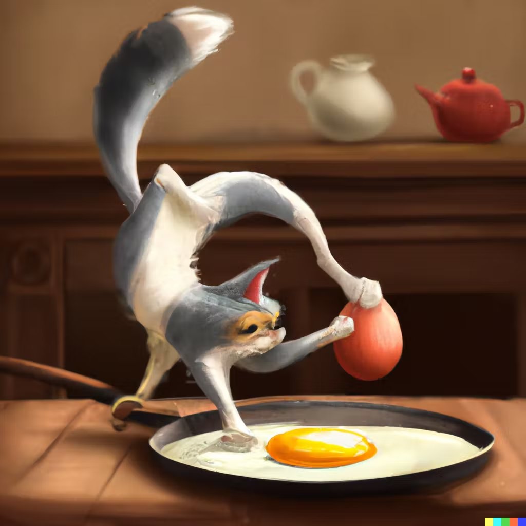 DKossnick's tweet photo. A cat cooking scrambled eggs? Purrfect! #everythingevolves #coda #dalle2 https://t.co/SHLDzO6Syd