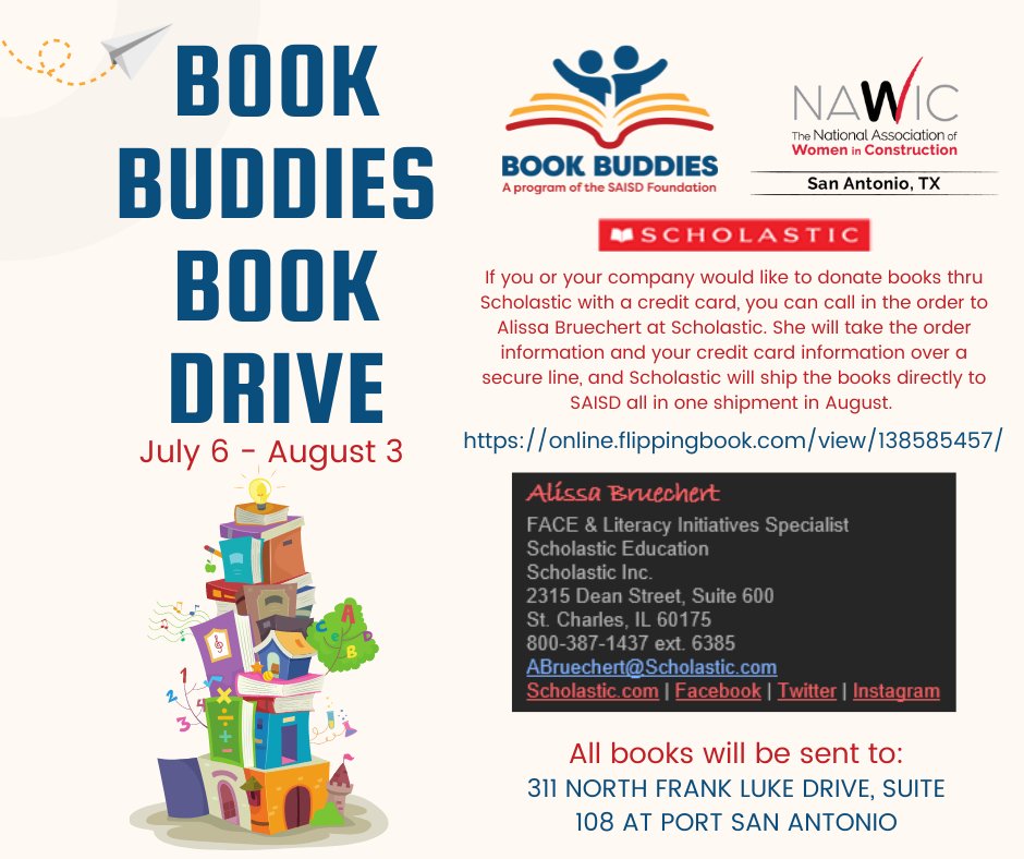 Book Buddies Book Drive July 6 - August 3. Help us reach our goal of donating 100 books to SAISD Foundation! We will also be collecting books at Burger Bash!

Contact Alissa Bruechert with Scholastic directly to place your order. 

online.flippingbook.com/view/138585457/
