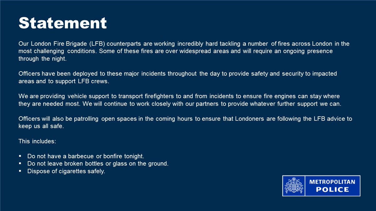 metpoliceuk's tweet image. Officers across London are working to assist @LondonFire following the declaration of a major incident earlier today. 

We will continue to do all we can to support our partners. We would urge the public to play their part by following the important safety advice.
