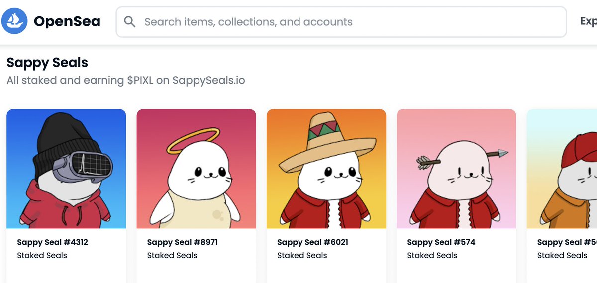 upperwriter_eth's tweet photo. Now that 1) OpenSea has a "Feature" section and 2) Staked Seals represent staked seals in your wallet, why not show them off a little? See below and do the same frens! It's good for the brand @sappyseals https://t.co/slCggOpWXU