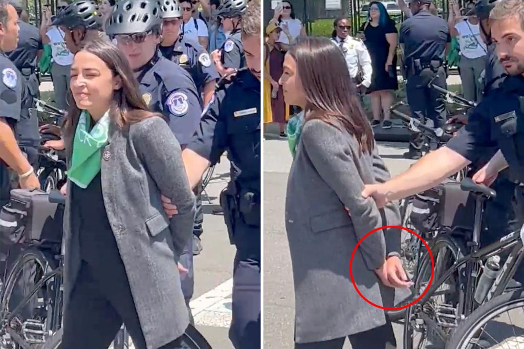 AOC fakes being handcuffed after arrest at abortion rights protest trib.al/En9vx6B