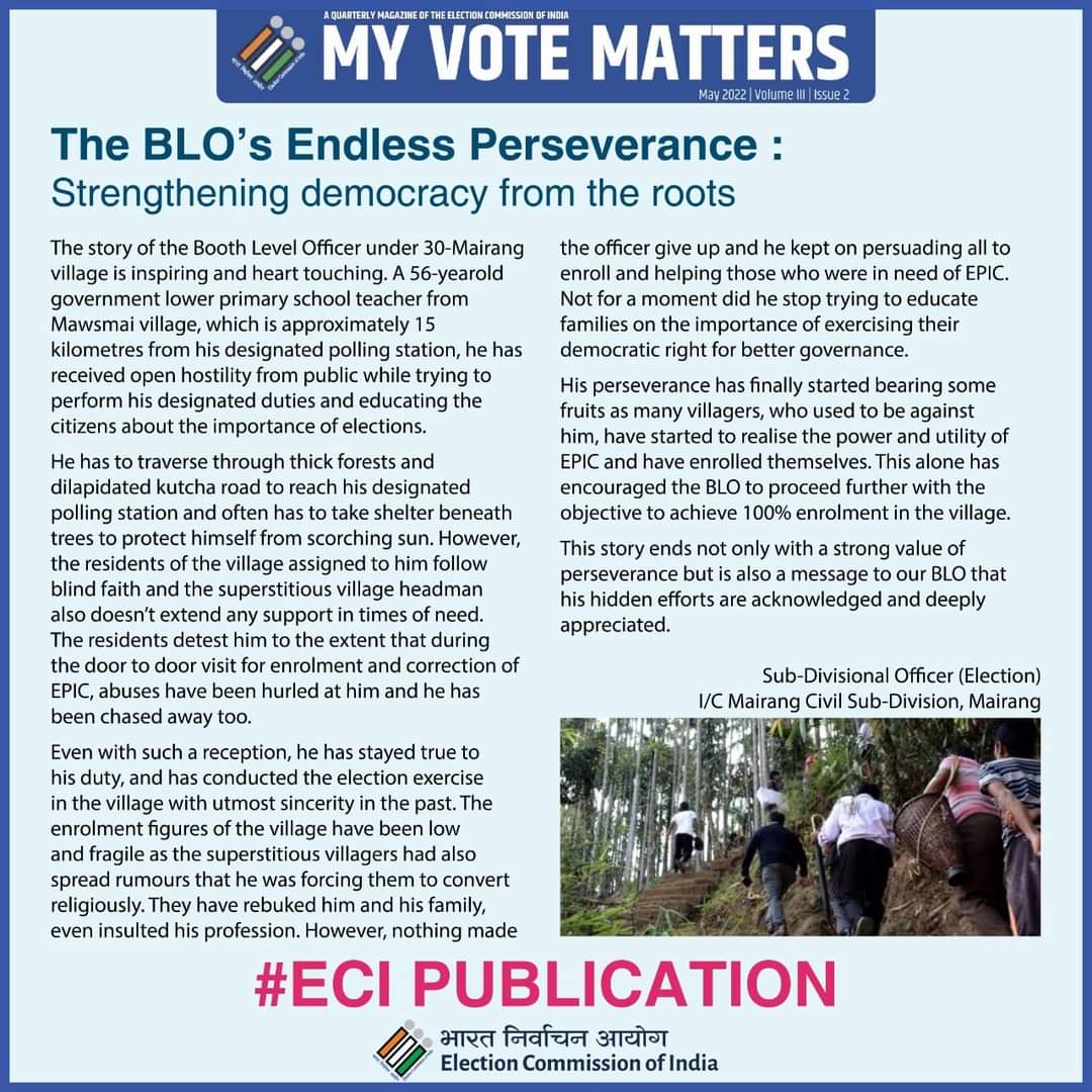 Ero_129Vikramgd's tweet photo. 📖 Read an inspiring and heart touching story of a👤BLO from Meghalaya in ECI's latest Publication “My 🗳️Vote Matters”.💁🏻♂️
💻 Link - https://t.co/ZkXNrjmMPc🤷🏻♂️
@ECISVEEP
@CEO_Maharashtra
@Ero_129Vikramgd
#ECIPublication
#VoteMatters
#ValueOfOneVote
#ECI
#DeoPalghar
#129Vikramgad https://t.co/4gj2HWpKes