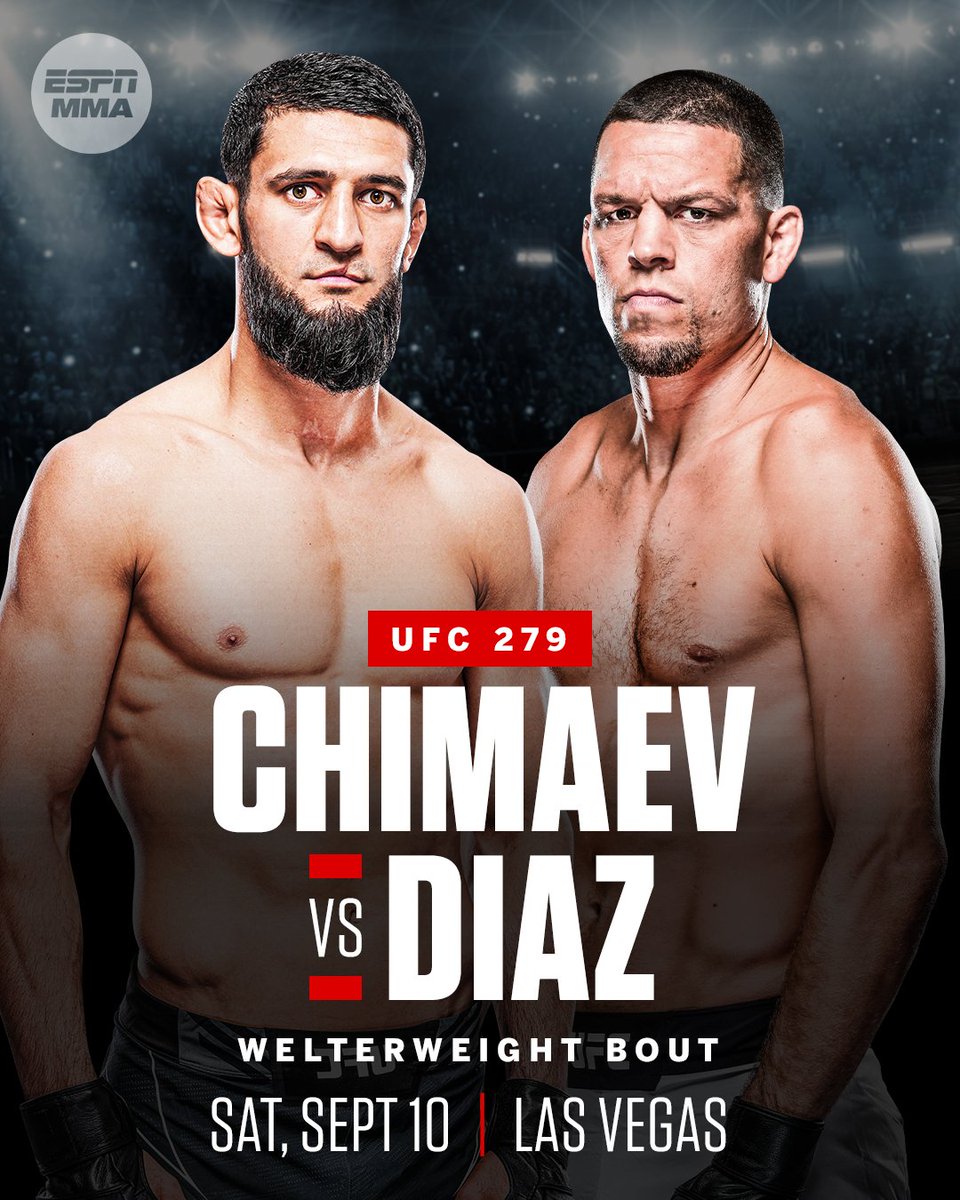 UFC is finalizing a welterweight matchup between <a href="/KChimaev/">Khamzat Chimaev</a> and <a href="/NateDiaz209/">Nathan Diaz</a> to headline UFC 279 on Sept. 10 in Las Vegas, UFC Chief Business Officer Hunter Campbell told @bokamotoespn.

Contracts have not been signed, but both fighters have verbally agreed to the matchup.