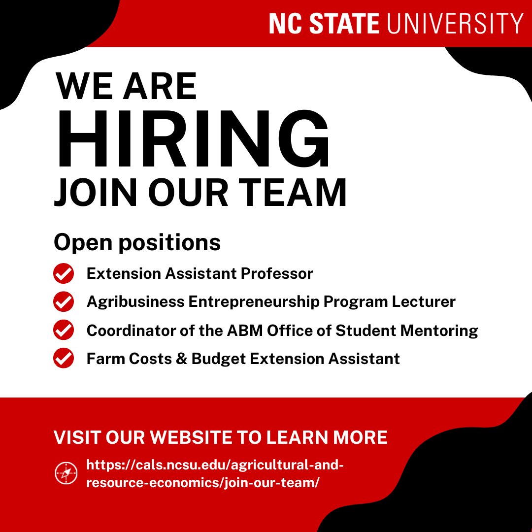 We are hiring! 🌱 Go to the link below to learn more about our open positions and apply!

cals.ncsu.edu/agricultural-a…

#Hiring #NCStateARE