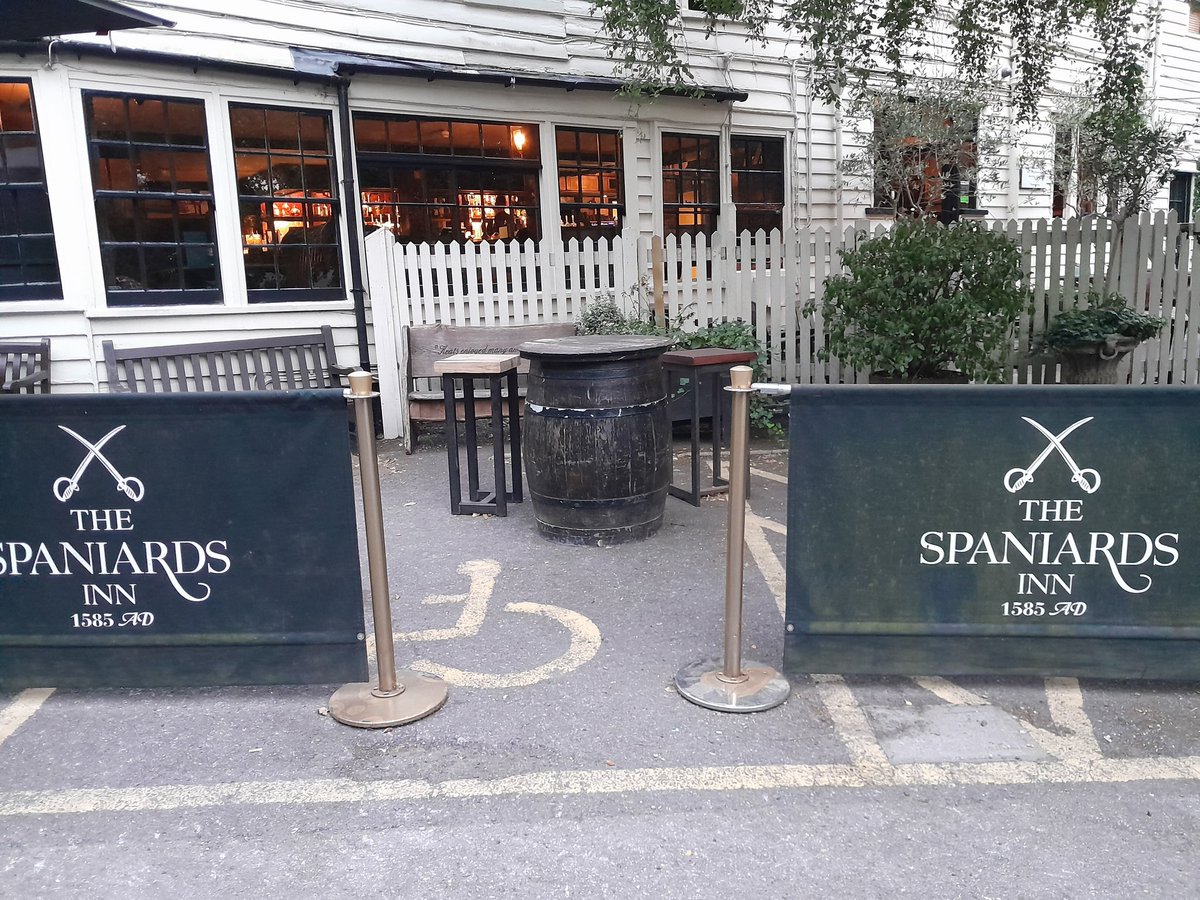 CrippleGirl's tweet photo. Great to see that @TheSpaniardsInn have decided they no longer welcome disabled customers. Clearly a space for customers to queue is more important than disabled drivers. #accessibility #fail #DisabilityTwitter https://t.co/hWmGvunqd4