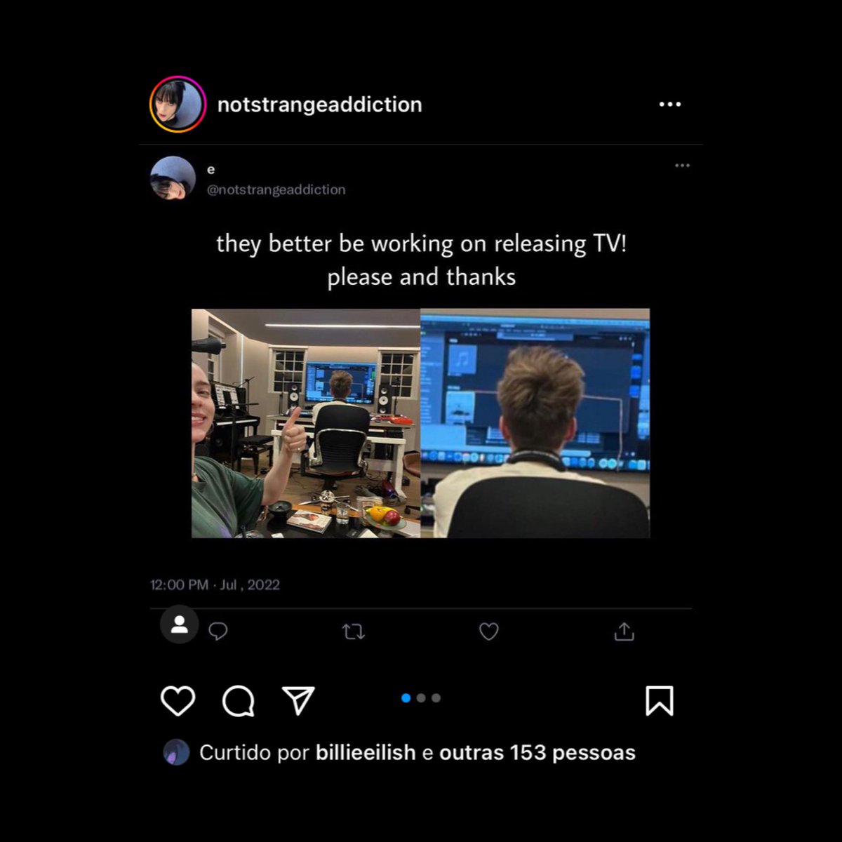 InfoBillieBR's tweet photo. CONFIRMOU! Billie Eilish curtiu um post no Instagram sugerindo que ela estaria trabalhando em lançar sua música "TV" em breve. https://t.co/unguCr1cAl