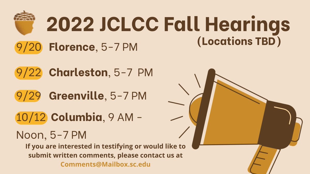 Save the dates and tell your friends! We want to hear your thoughts on children's issues in SC.
<a href="/BradHutto/">Brad Hutto</a> <a href="/collins_neal/">Rep. Neal Collins</a> <a href="/SenatorShealy/">Senator Katrina Shealy</a> <a href="/dj1one/">Darrell Jackson</a>  <a href="/bethbernsteinsc/">Rep Beth Bernstein</a> <a href="/FortMillRaye/">Raye Felder</a> <a href="/Lewis4schools/">Derek Lewis</a>