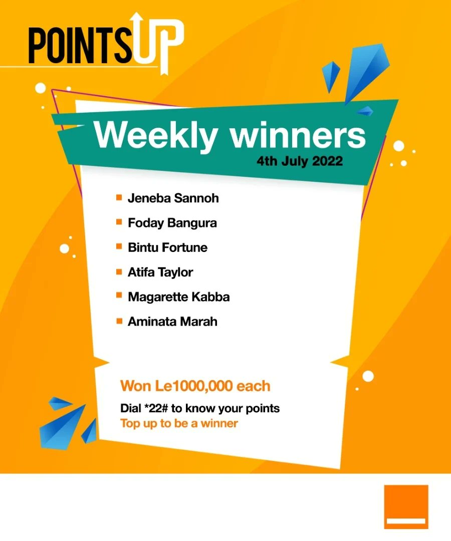 Orange_sierra's tweet photo. So many daily and weekly winners. Top-up NLE 2 and above and stand a chance to win a brand new car. Dial *22# to check your points. #orangesl #pointsup #win https://t.co/6qesht4MC5