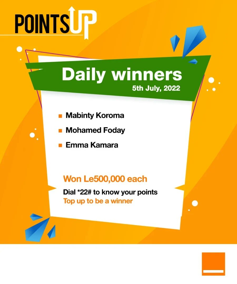 Orange_sierra's tweet photo. So many daily and weekly winners. Top-up NLE 2 and above and stand a chance to win a brand new car. Dial *22# to check your points. #orangesl #pointsup #win https://t.co/6qesht4MC5