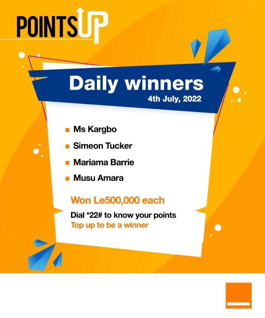 Orange_sierra's tweet photo. So many daily and weekly winners. Top-up NLE 2 and above and stand a chance to win a brand new car. Dial *22# to check your points. #orangesl #pointsup #win https://t.co/6qesht4MC5