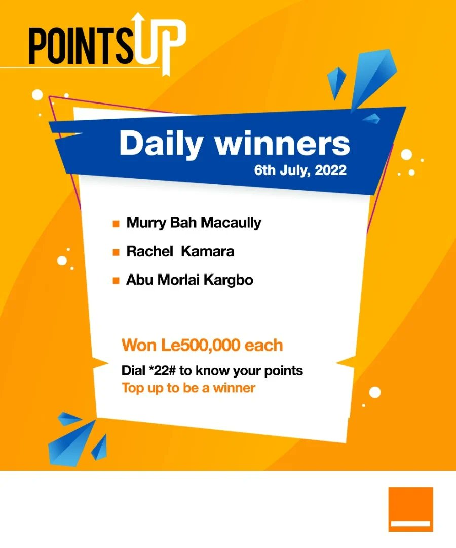 Orange_sierra's tweet photo. So many daily and weekly winners. Top-up NLE 2 and above and stand a chance to win a brand new car. Dial *22# to check your points. #orangesl #pointsup #win https://t.co/6qesht4MC5