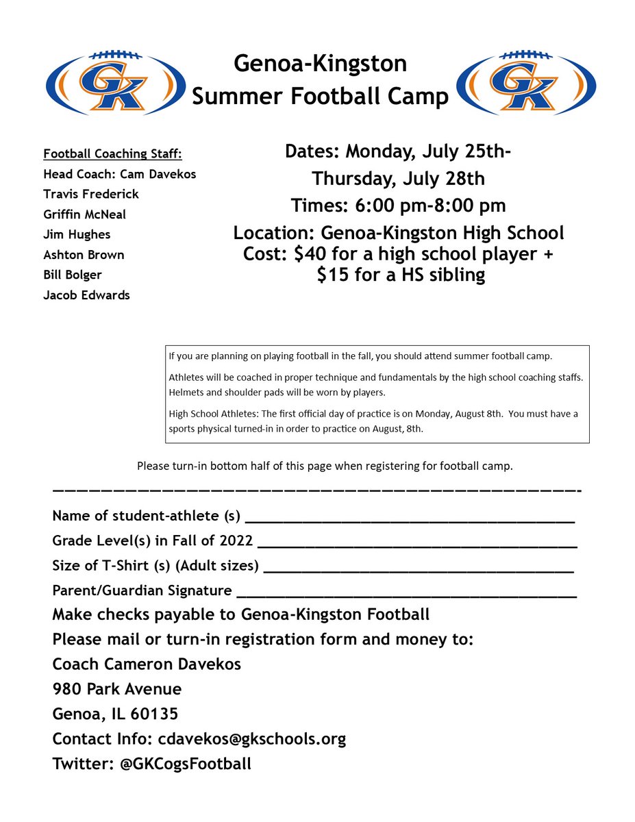The last GK Athletic Camps of the Summer will be next week with the GK Football Camps!  Both the High School (9th-12th grade) and the Middle School (7th &amp; 8th grade) camps will take place on the GKHS campus next week beginning on Monday, July 25th!