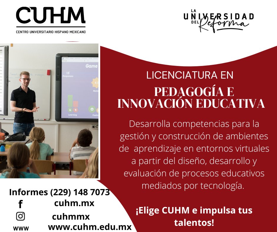 cuhmmx's tweet photo. ¡Estudia la 𝑳𝒊𝒄𝒆𝒏𝒄𝒊𝒂𝒕𝒖𝒓𝒂 𝒆𝒏 𝑷𝒆𝒅𝒂𝒈𝒐𝒈í𝒂 𝒆 𝑰𝒏𝒏𝒐𝒗𝒂𝒄𝒊ó𝒏 𝑬𝒅𝒖𝒄𝒂𝒕𝒊𝒗𝒂, única en la entidad veracruzana!
¡Últimos días de promoción! Estás a tiempo de inscribirte.
🎯 $0.00 Inscripción durante 1 año 
🎯 30% de descuento en mensualidades permanente https://t.co/JNhprtjvBT
