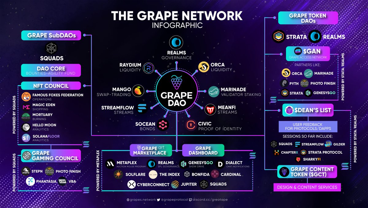 You ever wondered how large the Grape Network is? 

This infographic is for you.

Grape is arguably the Protocol w the most integrations &amp; interactions w projects all over <a href="/solana/">Solana</a> 

Let's go through all the protocols that are part of the Grape ecosystem.

👇🧵