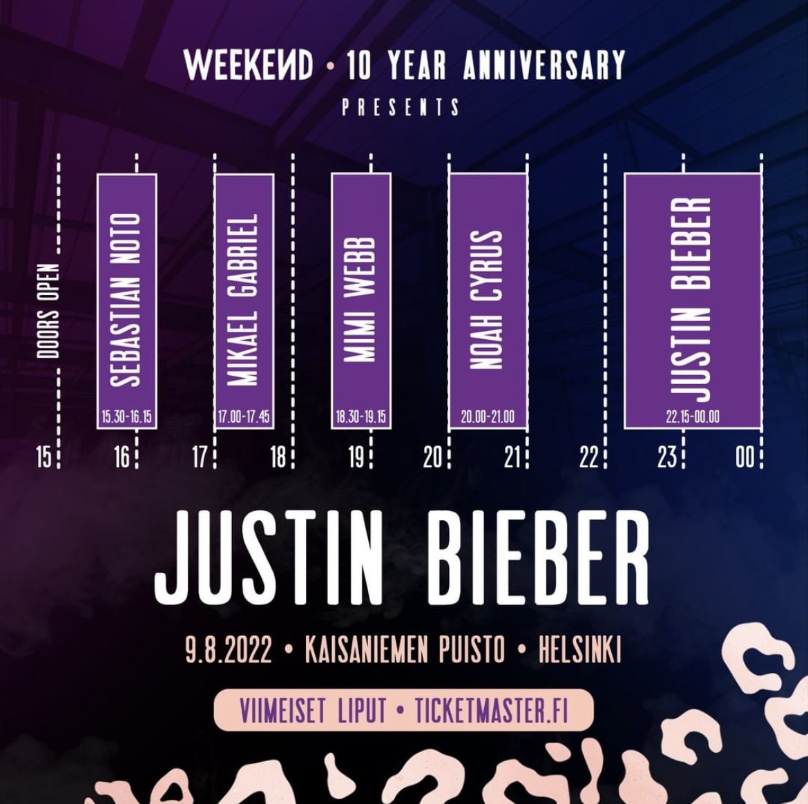 RT @JBCrewdotcom: If you are attending Justin Bieber’s Justice World Tour show in Helsinki, here is the schedule: https://t.co/ZagR8tPmoM