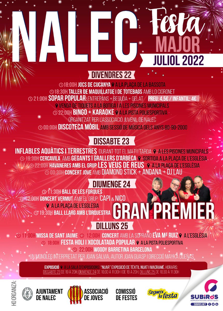 NNoticies's tweet photo. 📣 Festa Major de Nalec 2022!

Del 22 al 25 de juliol, on s’hi podran trobar activitats per a totes les edats: des dels més menuts fins als més grans. https://t.co/rJW1x4XCyr