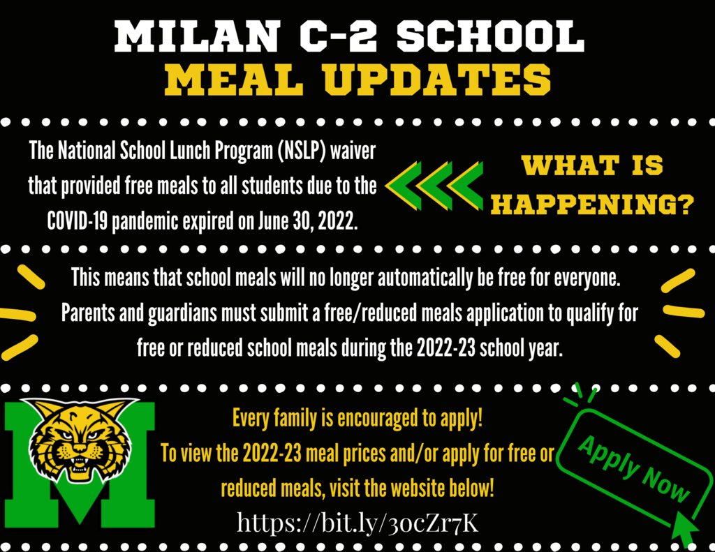MilanC2Schools's tweet photo. https://t.co/ODwjrU0KmL The waiver that provided free meals for students has expired. All families are encouraged to submit 1 application to determine if their student(s) qualify for Free or Reduced Meals. Please visit the link for more information and applications. https://t.co/B59zELNW6R
