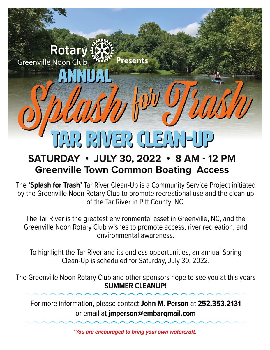 Looking to make a difference in Pitt County through community service?🔎

Join the Greenville Noon Rotary Club on Saturday, July 30th from 8AM-12PM for our Annual Splash for Trash! 🗑️💚

Canoes/transportation will be provided by Adventure!🛶