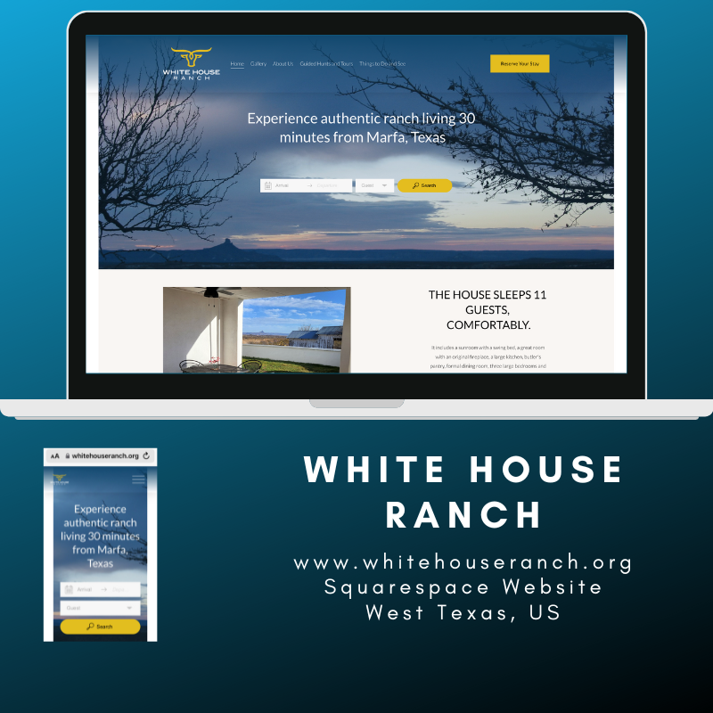 VanessaBFast's tweet photo. Experience authentic ranch living 30 minutes from Marfa, Texas. We made our client White House Ranch a new #squarespace website with a #lodgify booking integration for this hotel &amp; travel client in West Texas. Check it out....https://t.co/h2Gavxr5Ly https://t.co/QP1i30YGHn