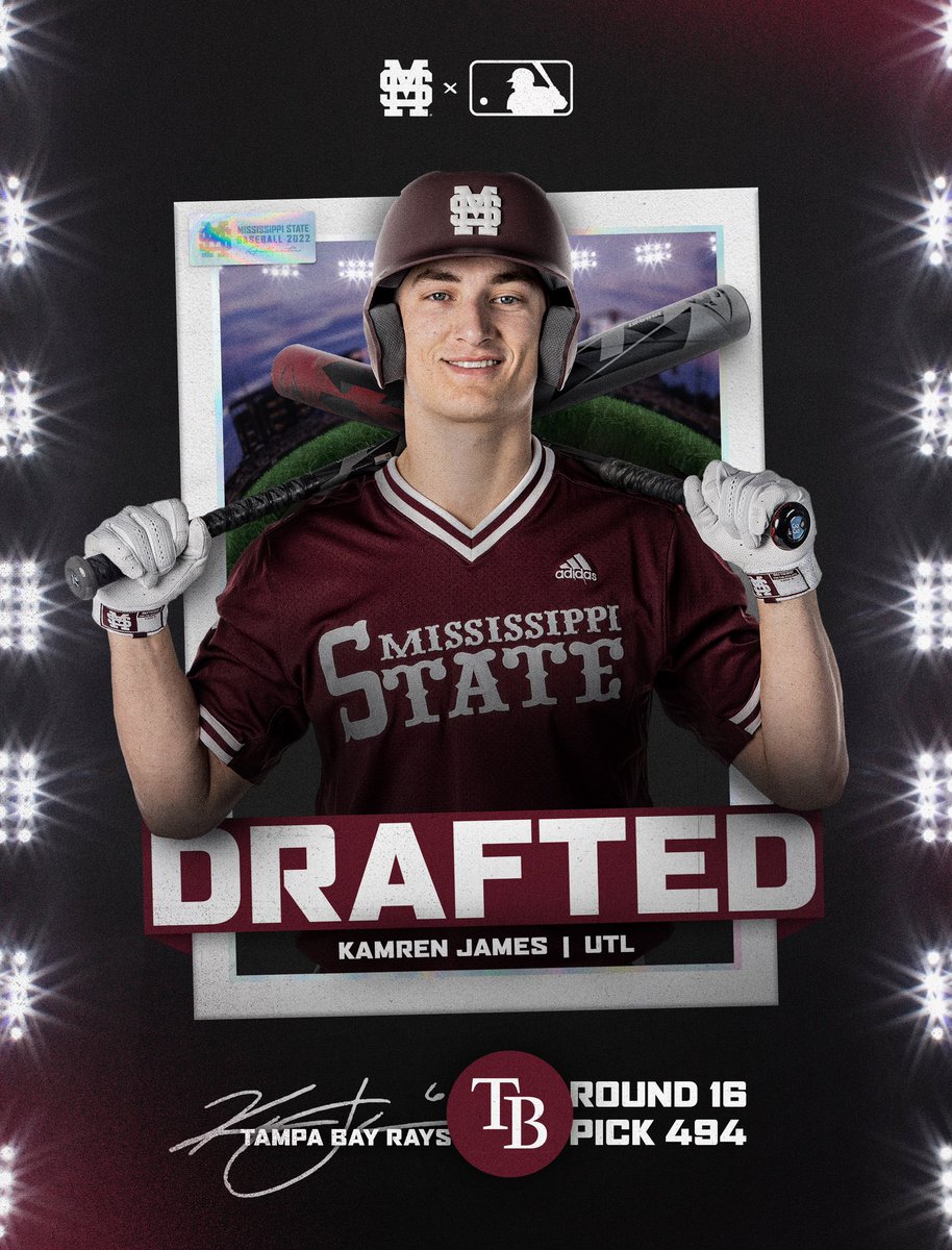 He’s headed to the Bay! #RaysUp Our guy @kamrenjames16 becomes the third Diamond Dawg drafted today! #StateToTheShow | #HailState🐶
